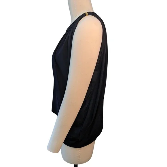 Michael Kors Womens Black Drape Front Top Shirt Gold Logo Accent Size L - Picture 3 of 6